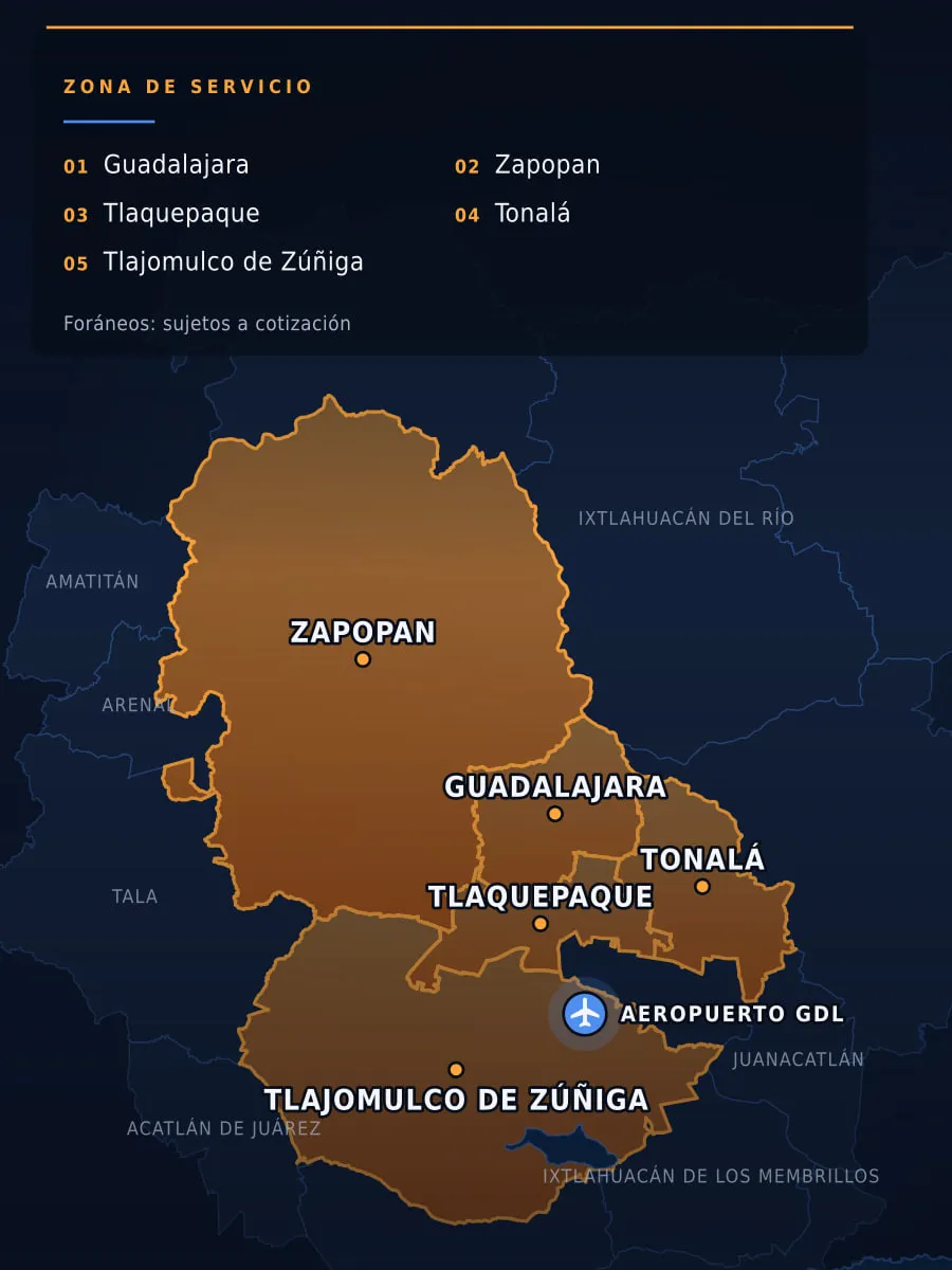 Mapa de cobertura de ServiRápidos: Guadalajara, Zapopan, Tlaquepaque, Tonalá, Tlajomulco de Zúñiga y el Aeropuerto Internacional de Guadalajara (GDL).