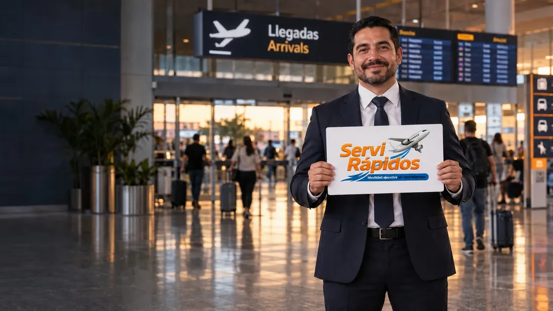 Conductor sonriente sostiene un letrero de ServiRápidos en la sala de llegadas del aeropuerto