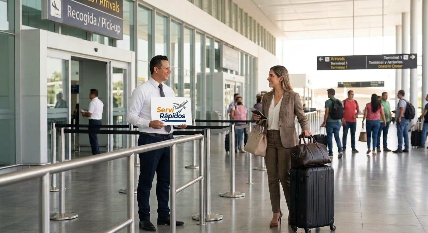 Conductor sostiene un letrero con el logotipo de ServiRápidos y recibe a una pasajera con maletas en la zona de llegadas y recogida del aeropuerto