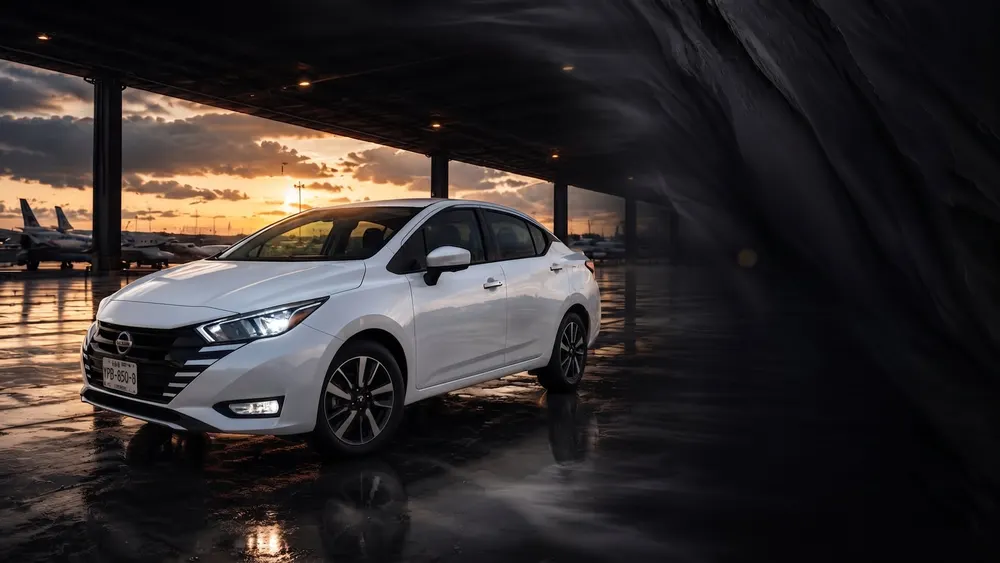 Nissan Versa sedán blanco en la plataforma del aeropuerto con aviones al fondo