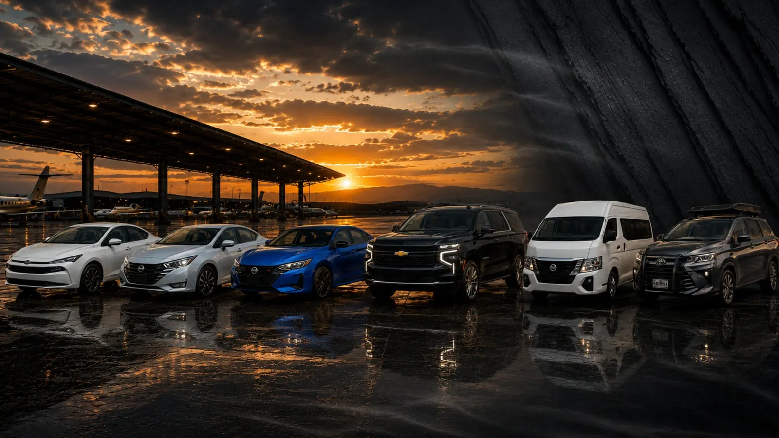 Las seis unidades de ServiRápidos alineadas en la plataforma del aeropuerto al atardecer: tres sedanes, una Chevrolet Suburban negra, una van Nissan blanca y una Toyota Avanza
