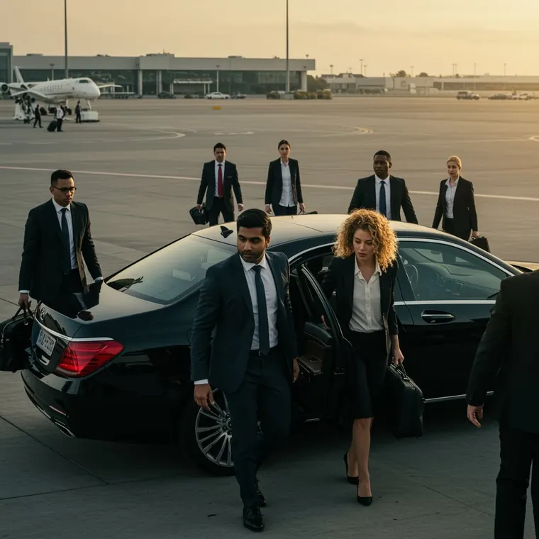 Ejecutivos con portafolios bajan de un sedán negro en la plataforma del aeropuerto, con un jet privado al fondo al atardecer