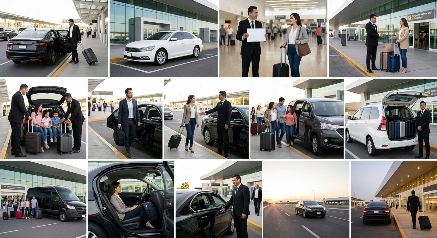 Collage de traslados de ServiRápidos: recepción de pasajeros en el aeropuerto, conductores con equipaje, sedanes, camionetas y vans con chofer
